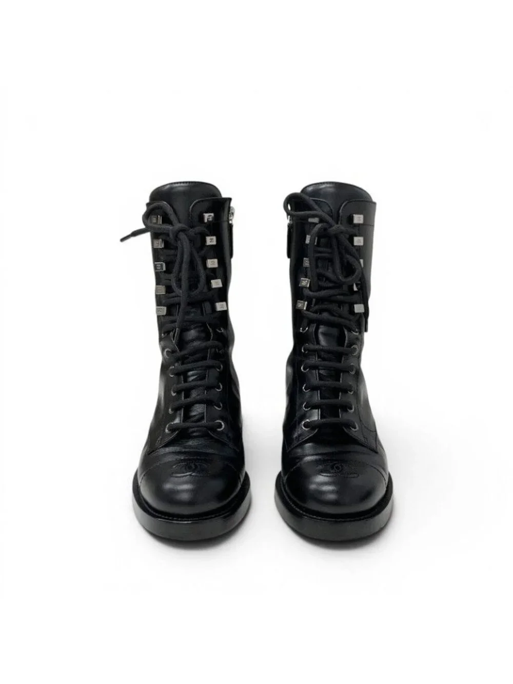 Chanel Boots Short Shoes Leather Black Silver CC Logo Lace